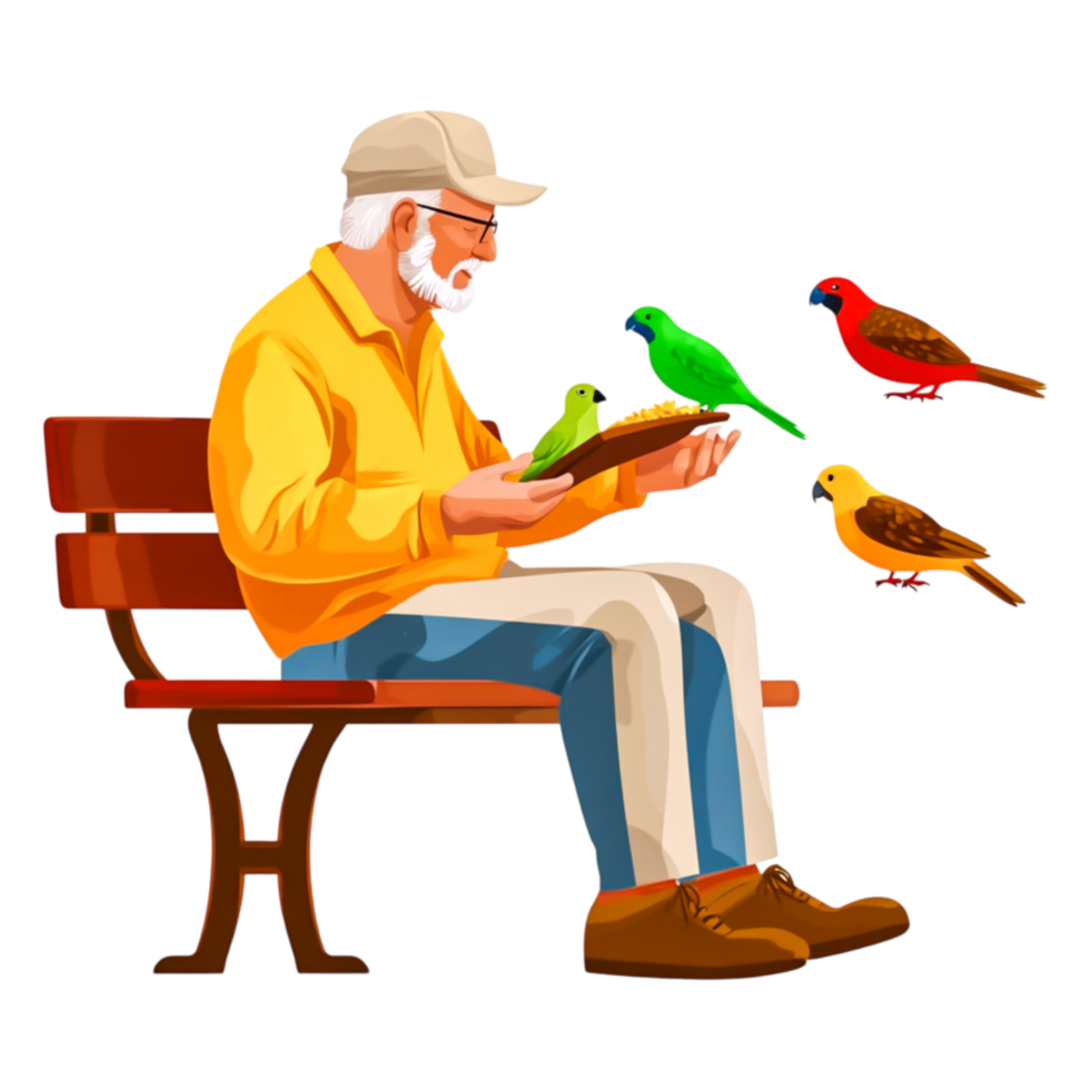Elderly man feeding colorful birds in a park setting png