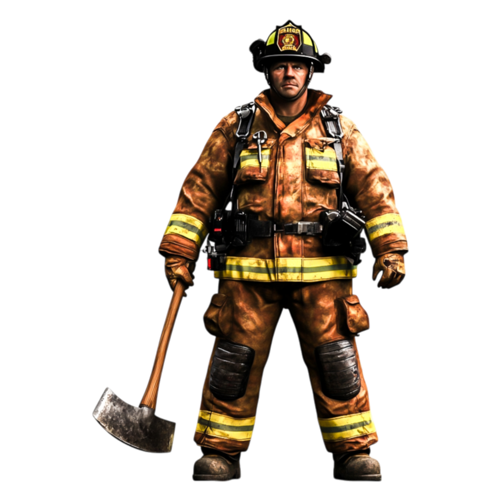 Brave Firefighter Holding an Axe in Protective Gear and Helmet png