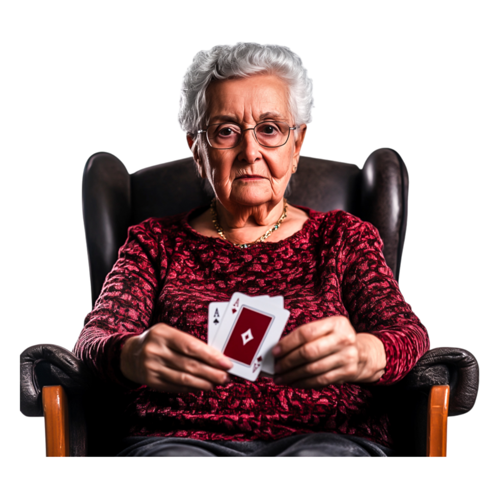 Confident Elderly Woman Holding Playing Cards in Cozy Armchair png