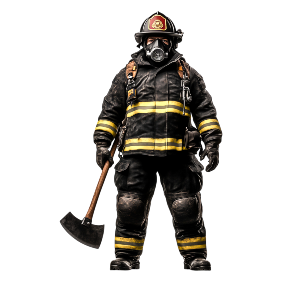 Professional firefighter in heavy gear holding an axe ready for action png