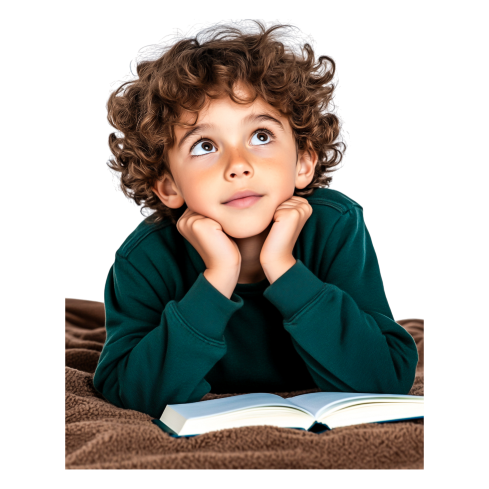 Curious Child Daydreaming While Reading a Book on Soft Blanket png