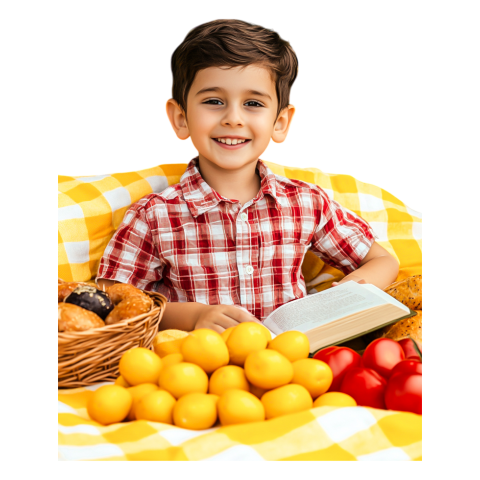 Cheerful Boy in Checkered Shirt Surrounded by Fresh Fruits and Bakery png