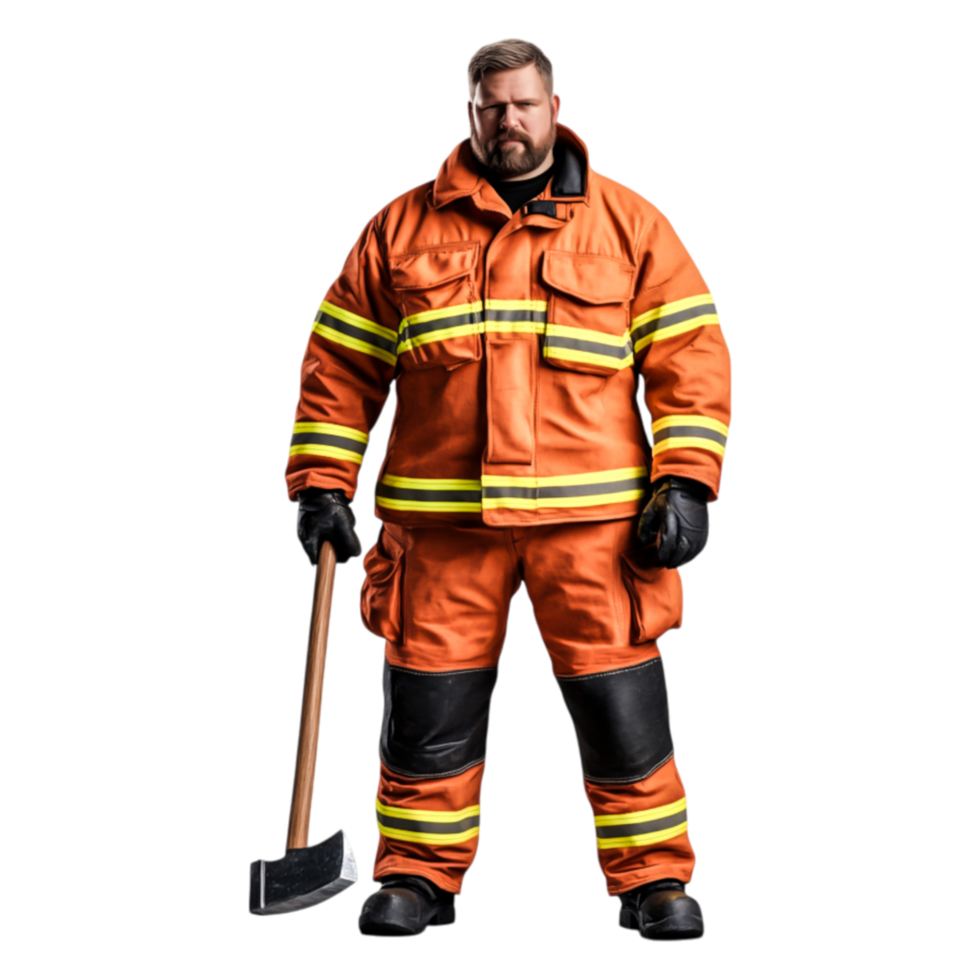 Strong Firefighter in Orange Gear with Axe Ready for Action png