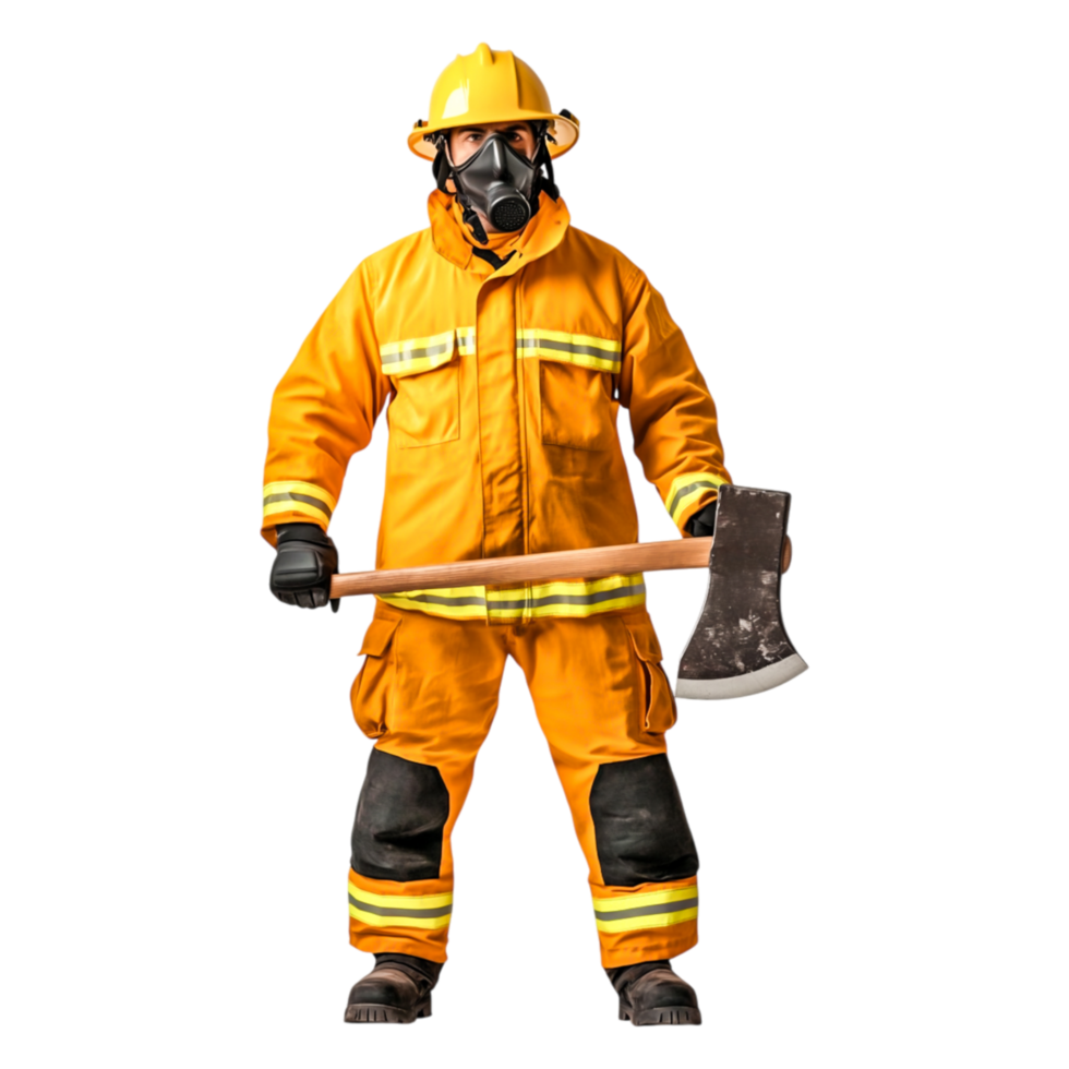 Firefighter in Protective Gear with Axe Ready for Action png