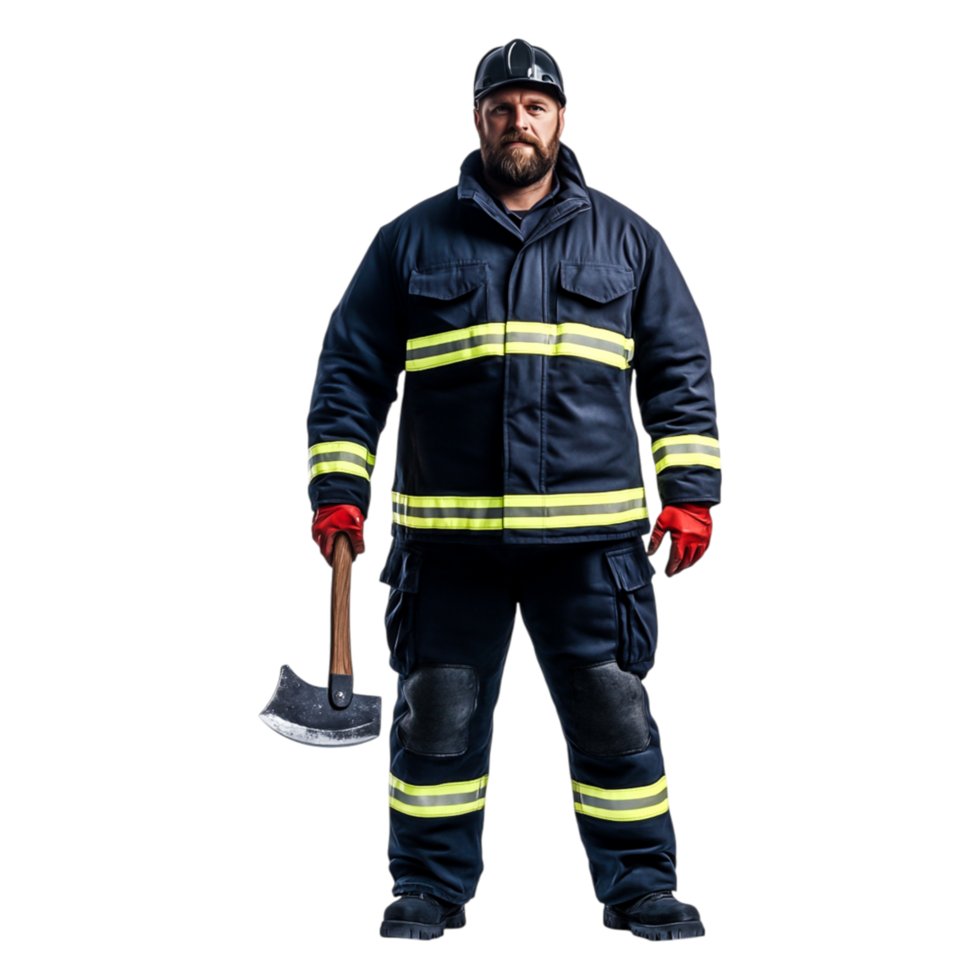 Firefighter in Protective Gear Holding Axe on a Black png