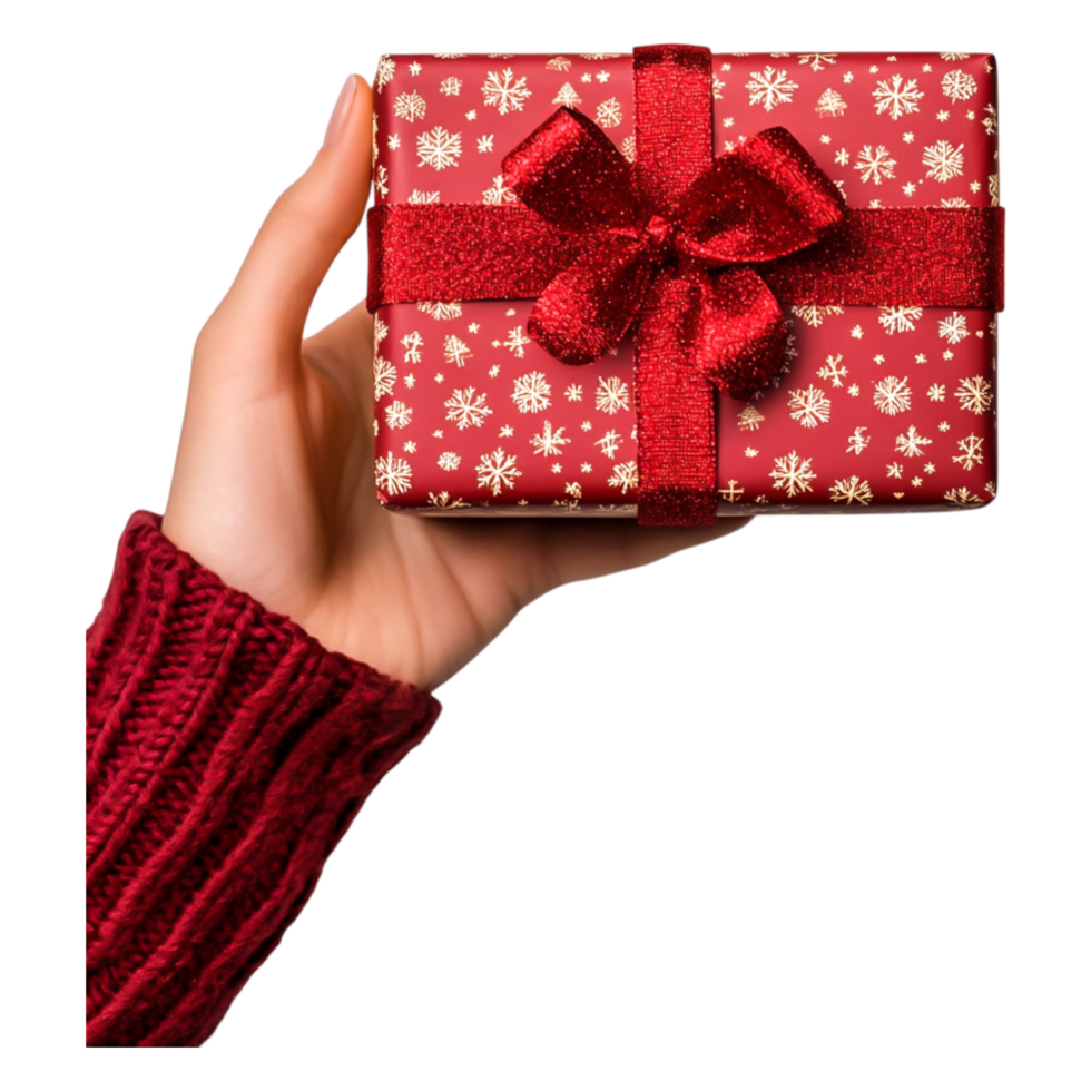 Hand Holding Red Christmas Gift with Bow and Snowflake Design png
