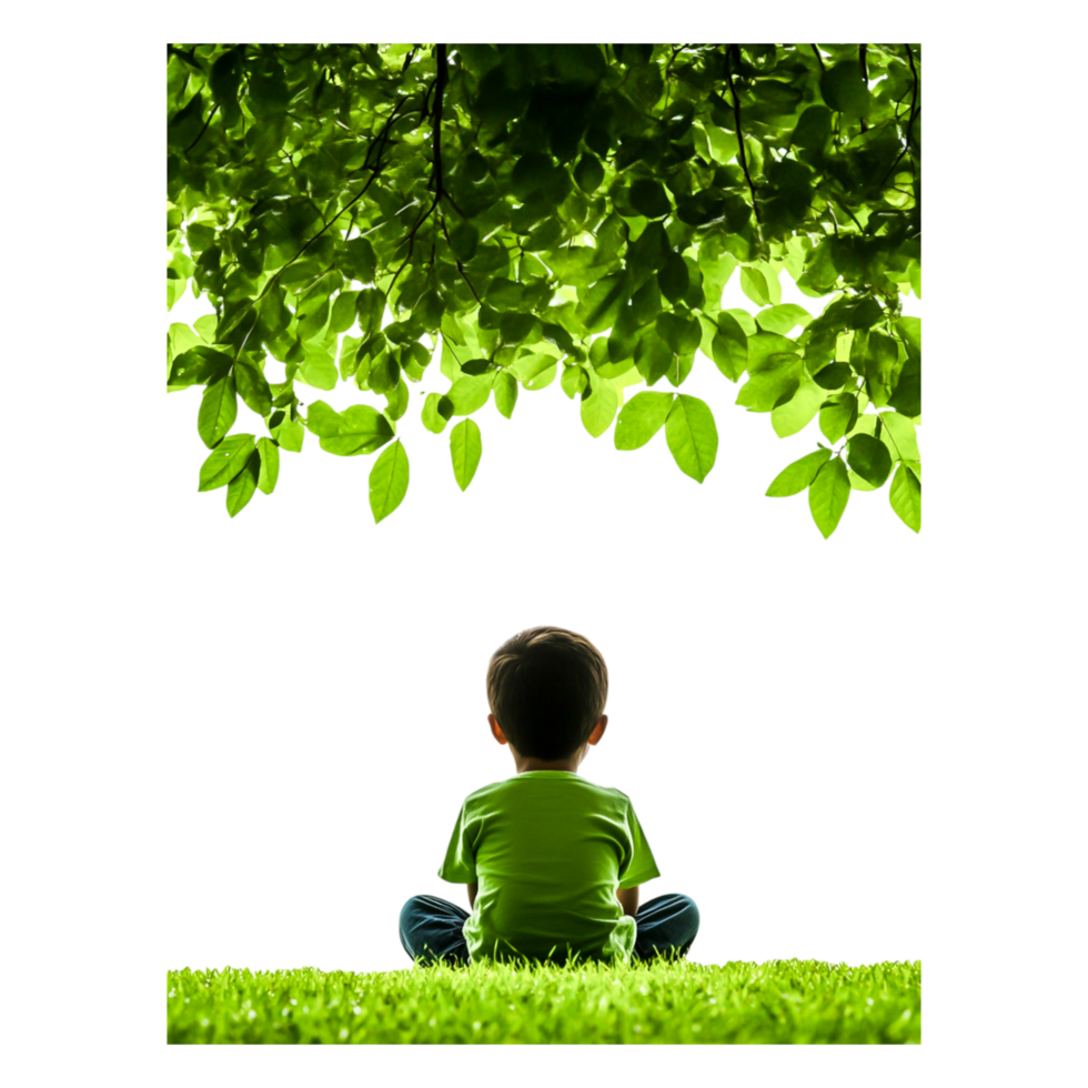 Child Sitting on Grass Under Green Leaves in Nature Setting png