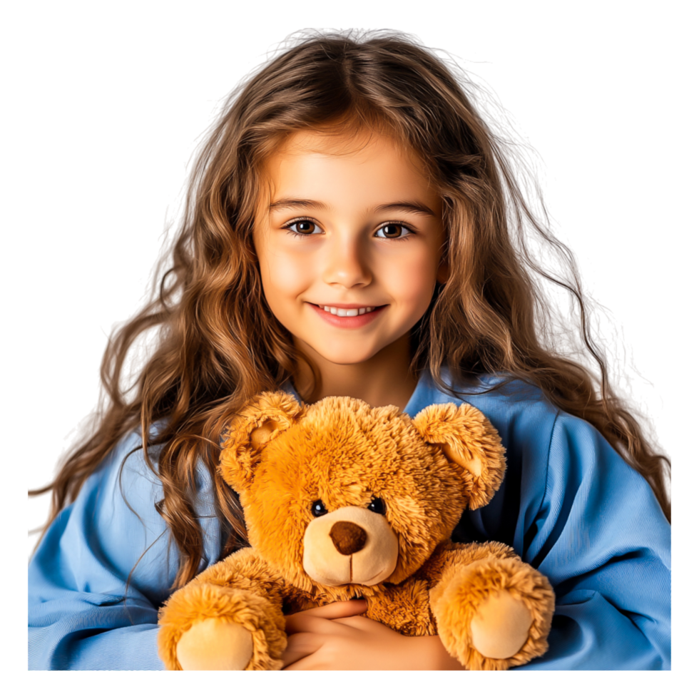 glücklich Mädchen mit Teddy Bär lächelnd im hell Blau Outfit png