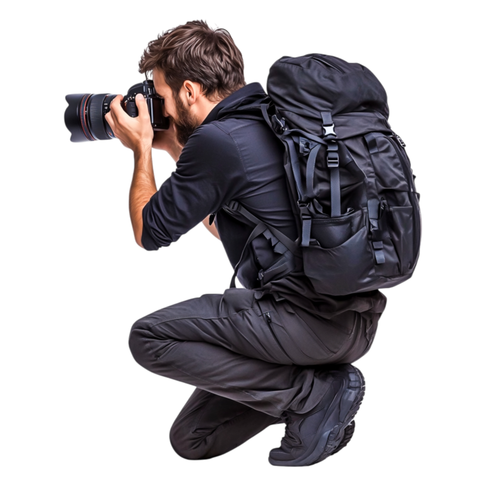 Photographer in Action with Camera and Backpack on Urban png