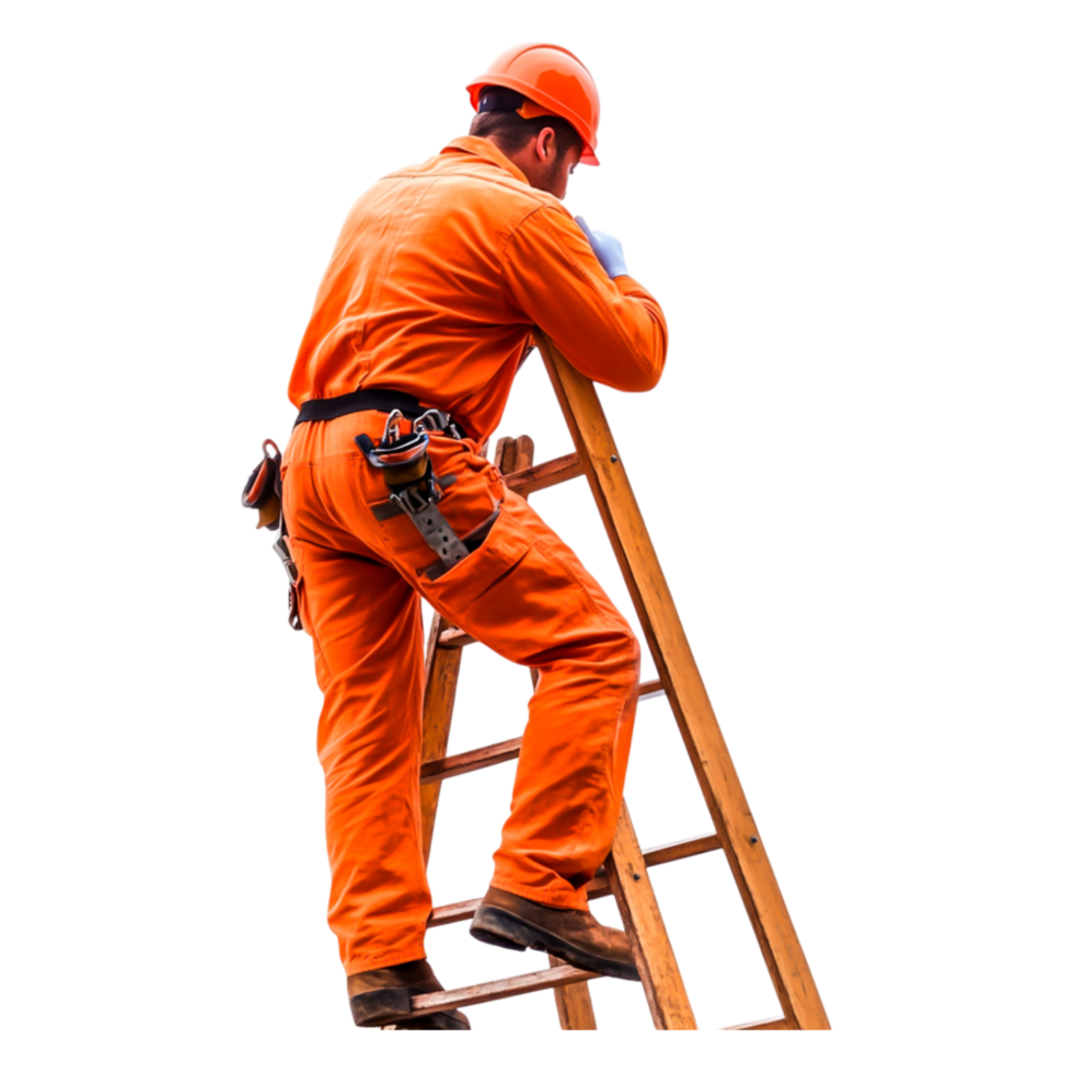 Construction Worker Climbing Wooden Ladder in Orange Safety Gear png