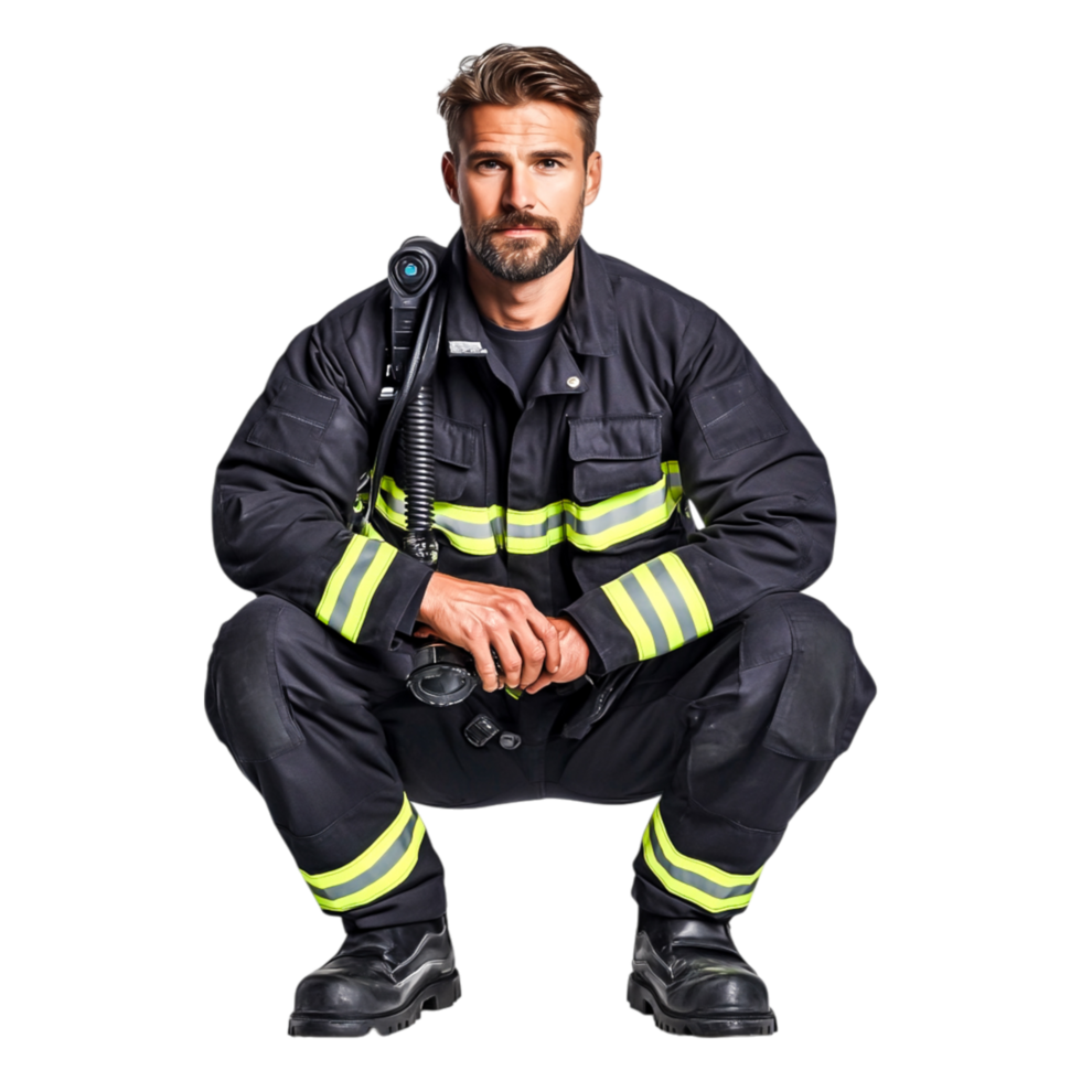 Professional Firefighter in Uniform Squatting for Portrait Image png