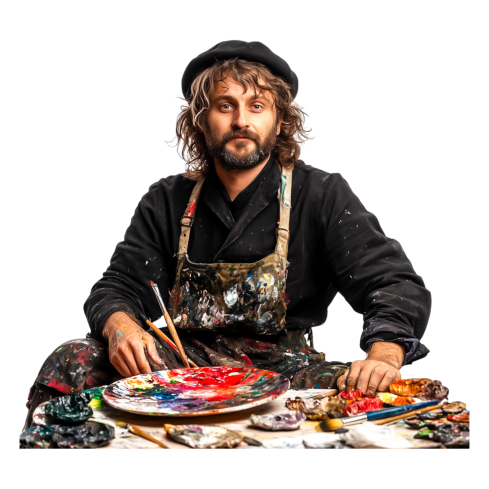 Portrait of a Creative Artist with Paints and a Colorful Palette png