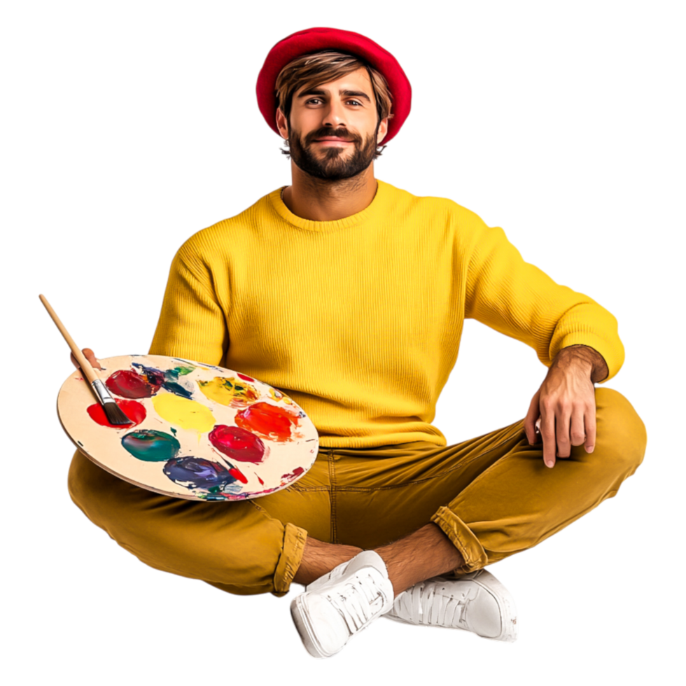 Creative Artist With Palette and Vibrant Outfit in Studio Setting png