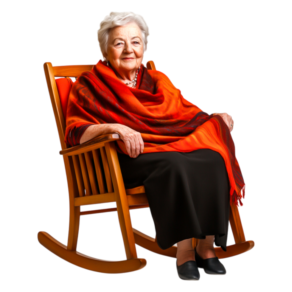 Elderly woman in rocking chair with vibrant shawl and warm smile png
