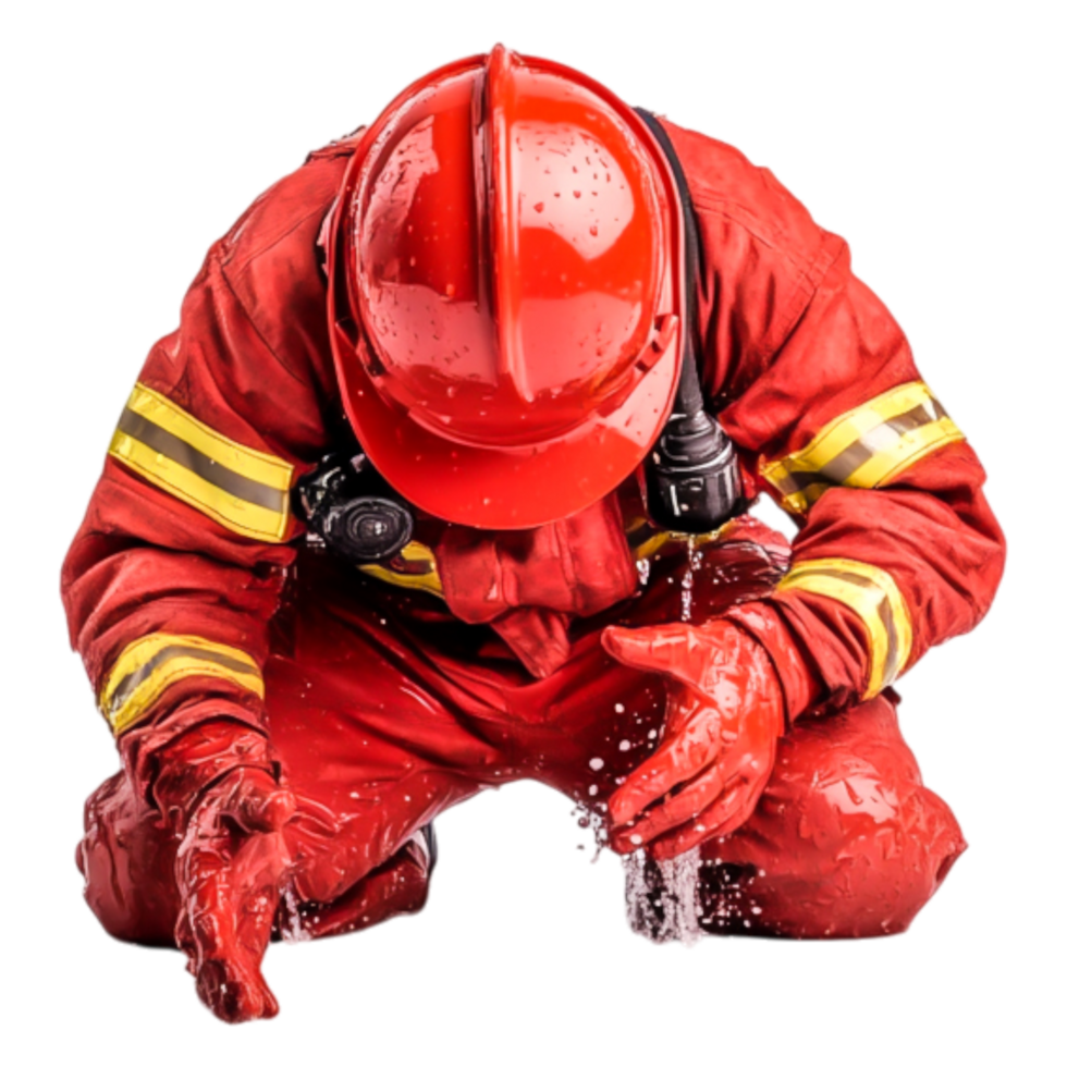 Firefighter in Red Suit Crouching with Water Splashing Action png