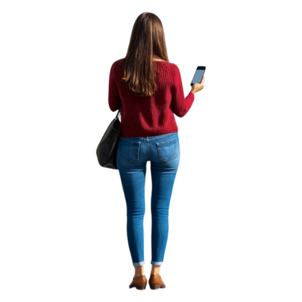 Young Woman Holding Smartphone in Casual Outfit from Back View png