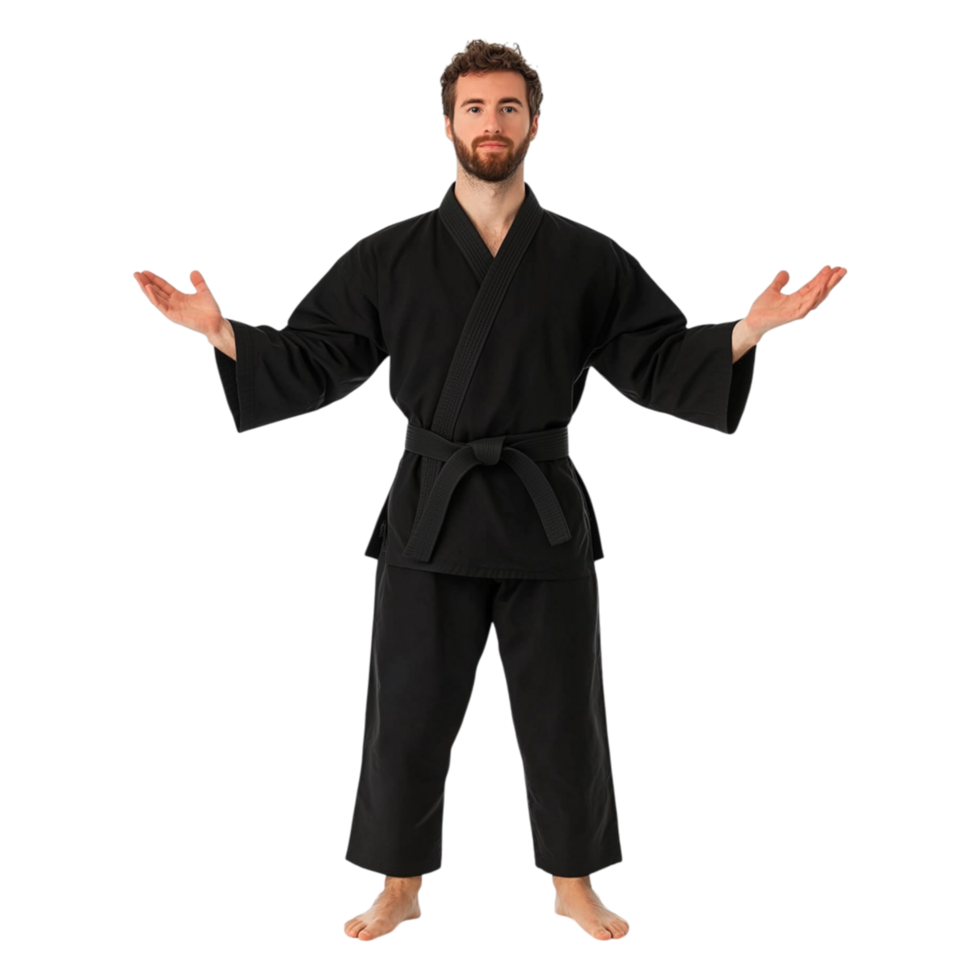 Black Belt Martial Artist Posing Confidently with Open Arms png