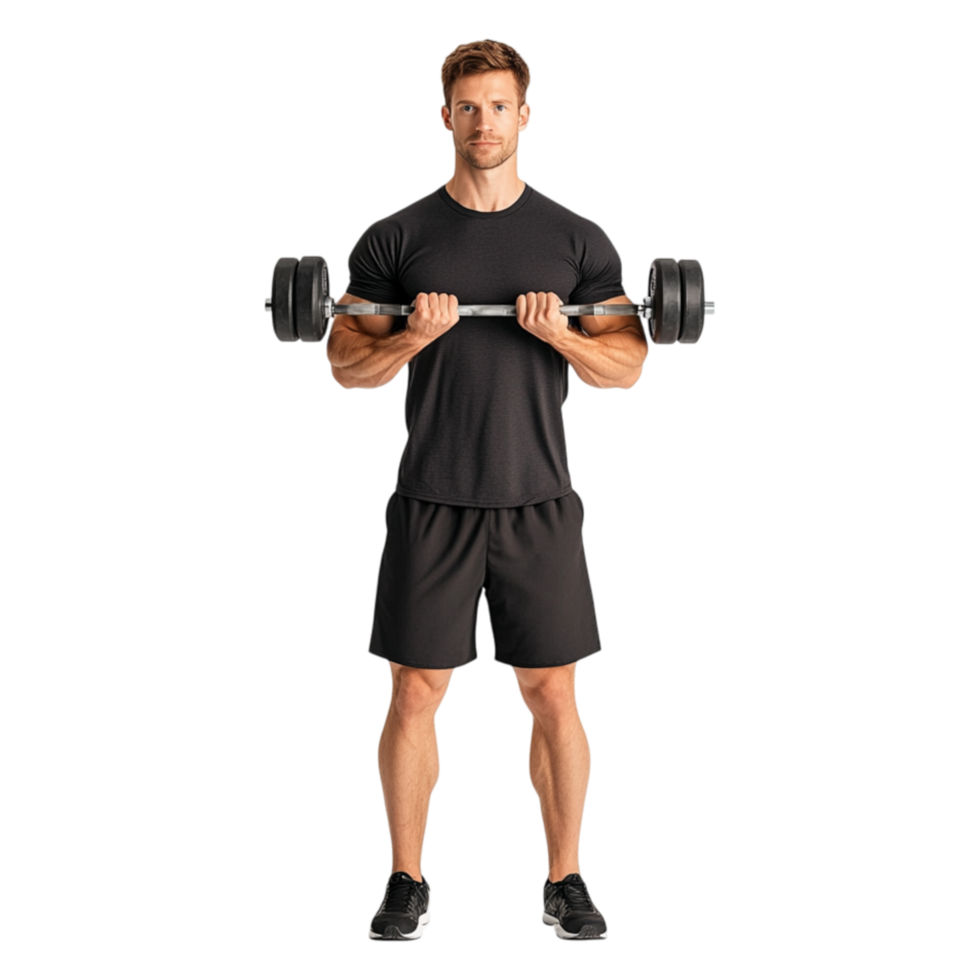 Young Man Performing Bicep Curl with Dumbbells in Fitness Studio png