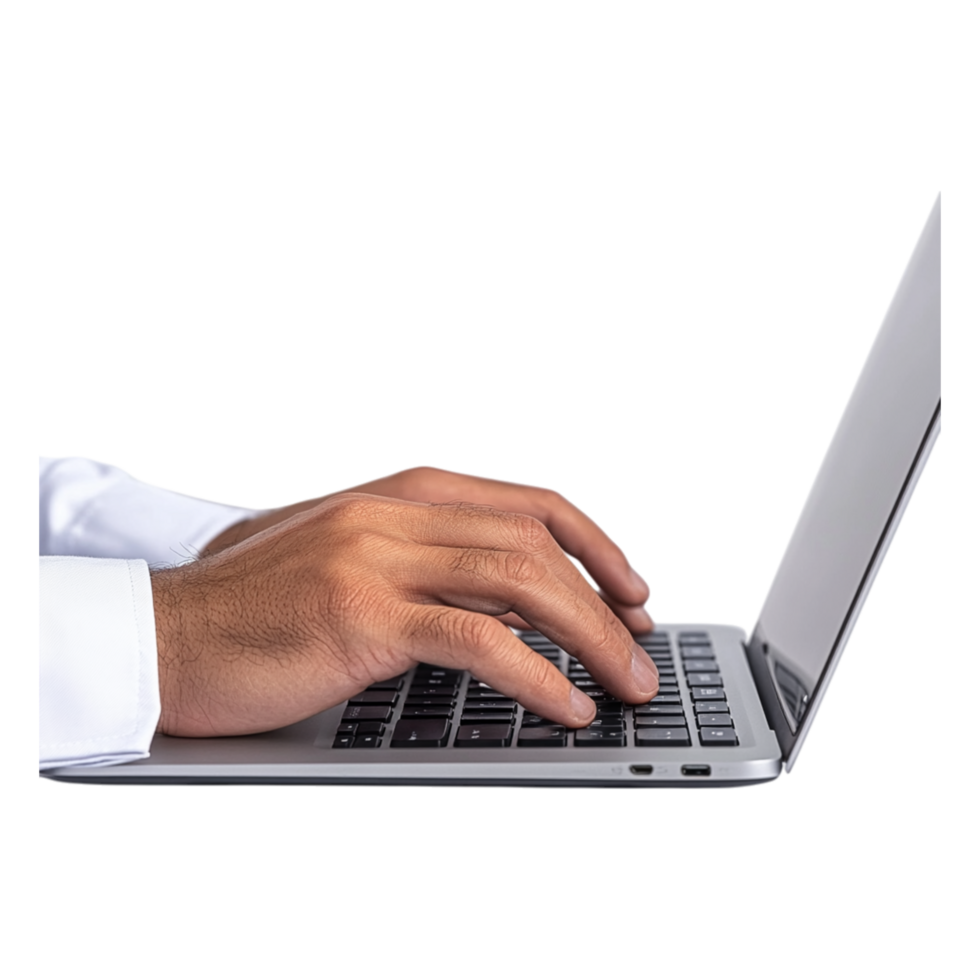 Human Hand Typing on Laptop Keyboard in a Modern Workspace png