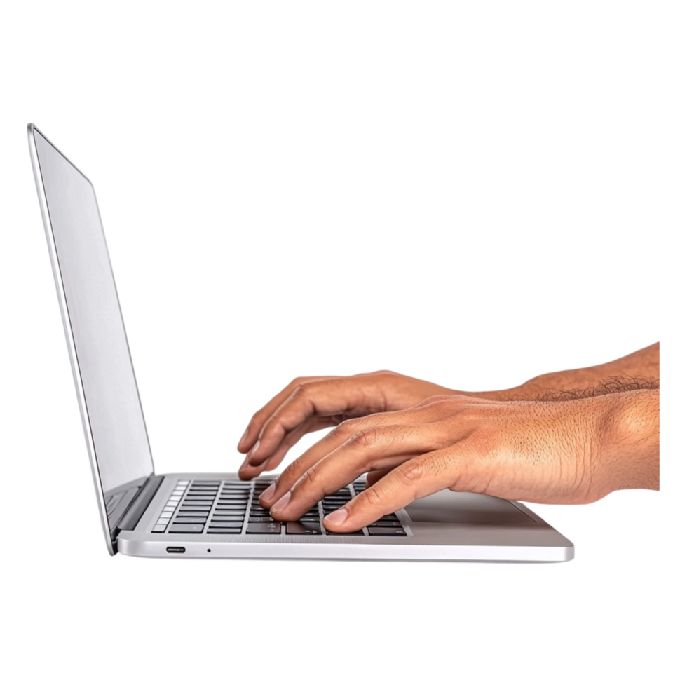 pessoa digitando em computador portátil com mãos visível em png