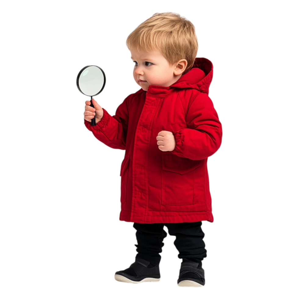 Curious Child in Red Jacket Holding Magnifying Glass Outdoors png