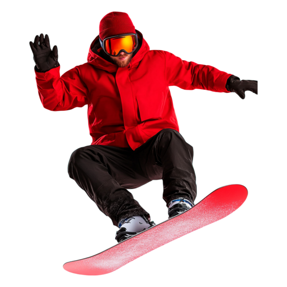 Dynamic Snowboarder in Red Jacket Performing Trick in Snowy Landscape png