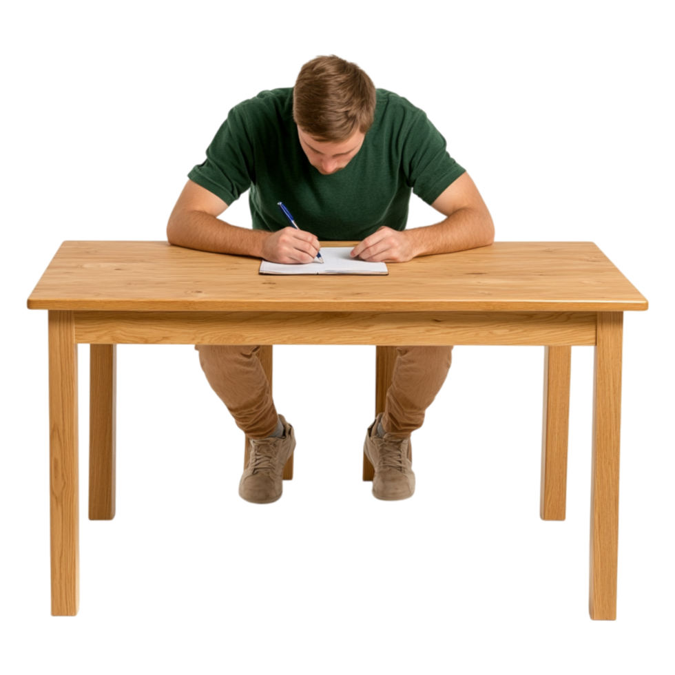 Young Man Sitting at Table Writing on Paper in Bright Room png
