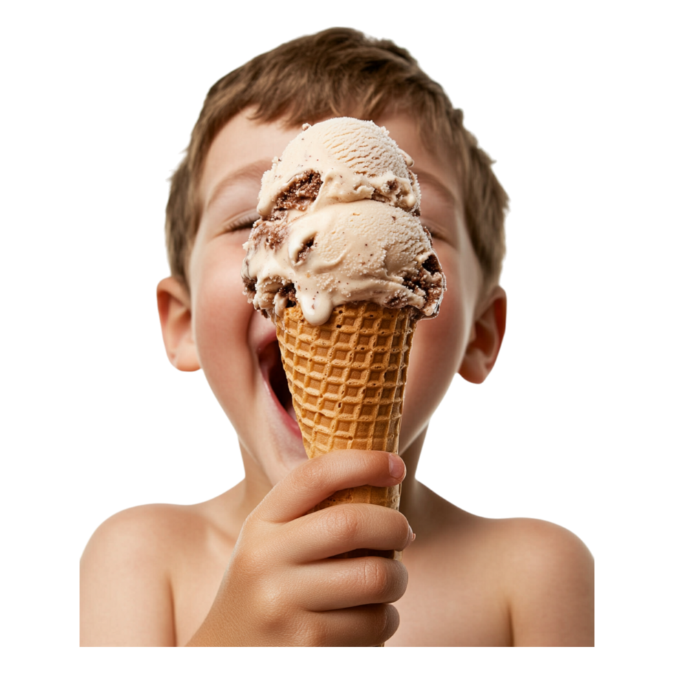 Happy child enjoying delicious ice cream cone on a sunny day png