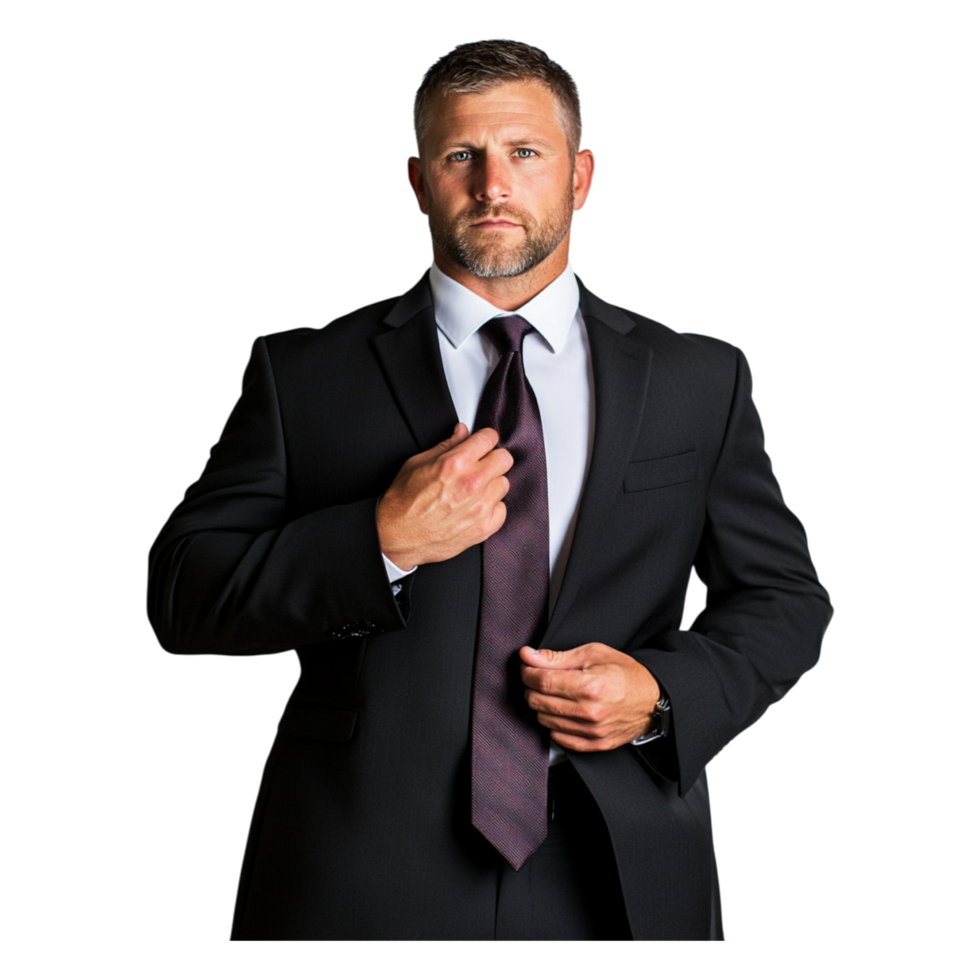 Confident Businessman Adjusting Tie in Formal Attire Against Black png