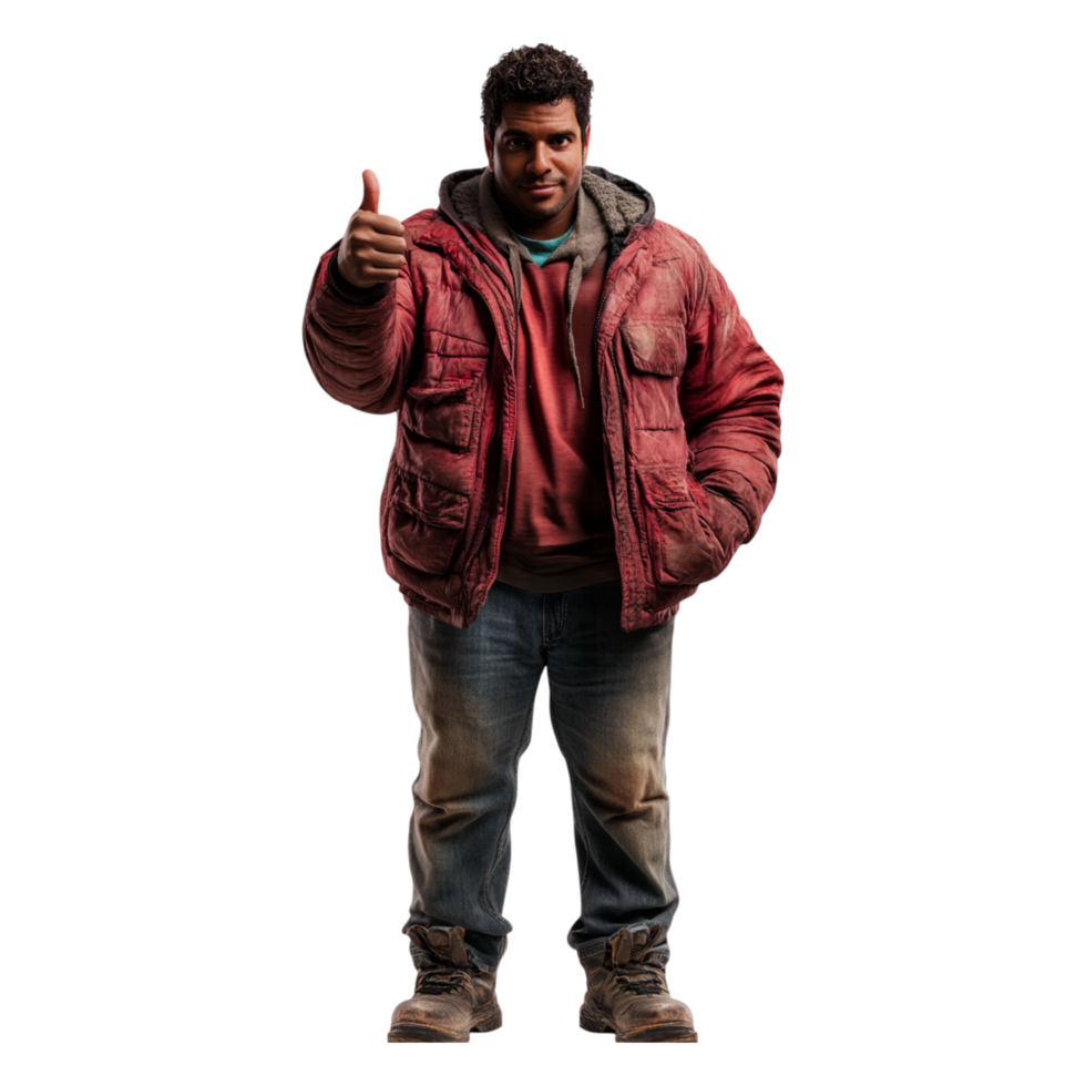 Confident man in red jacket giving thumbs up outdoors in winter png