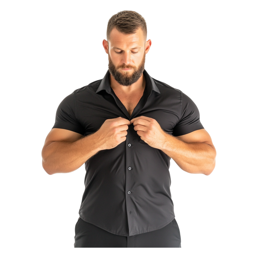 Muscular Man Adjusting Black Shirt in Studio Setting png