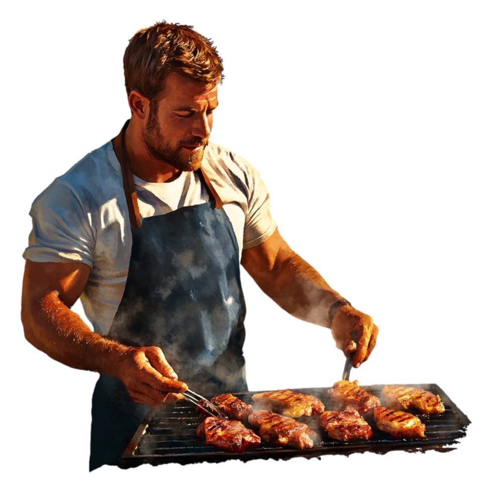 Man Grilling Delicious Meat on BBQ Grill Outdoors in Summer Sunshine png