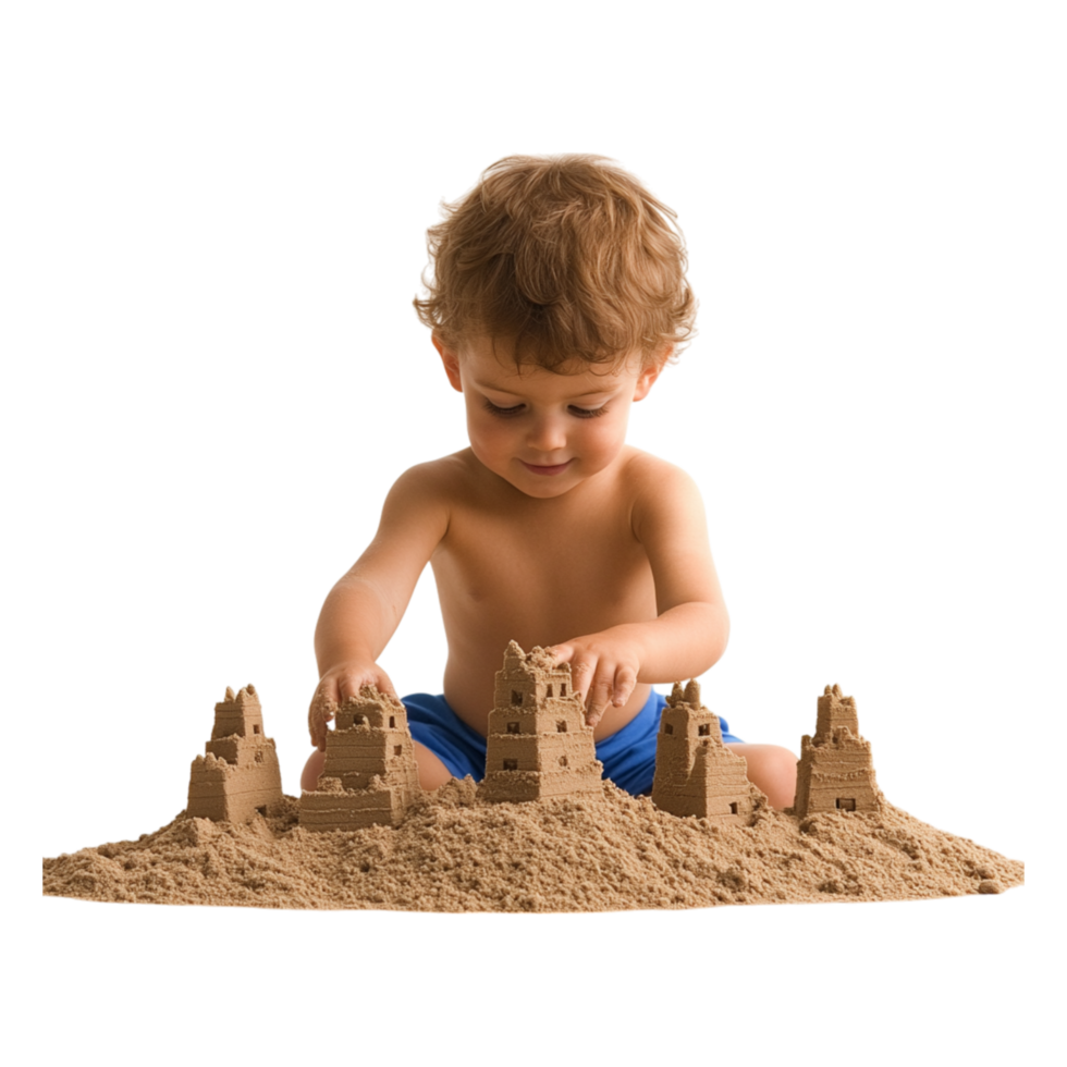 Young Child Joyfully Building Sandcastles on a Sunny Beach png