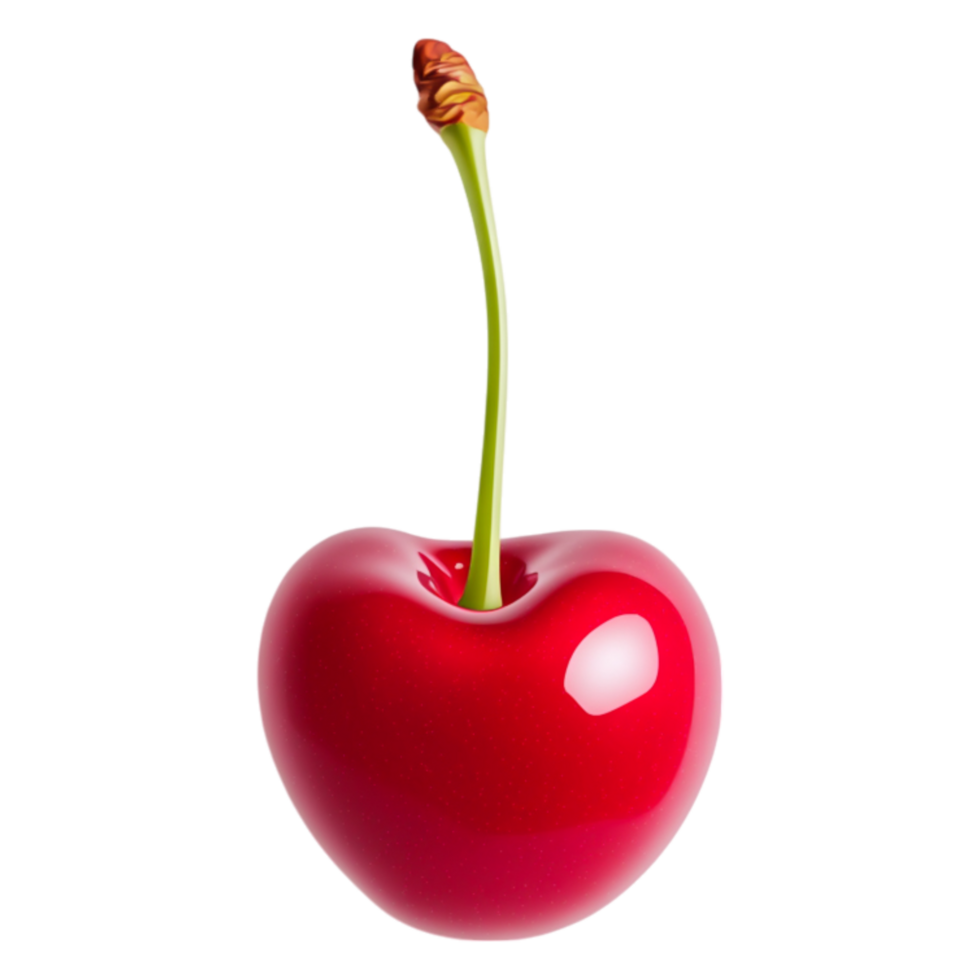 Bright Red Heart-Shaped Cherry with Green Stem on White png
