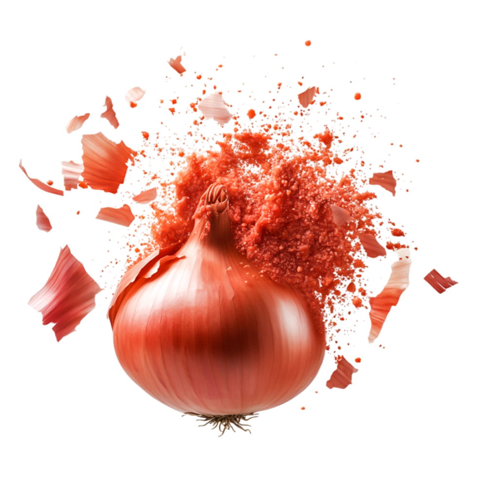 Fresh Red Onion with Exploding Skin and Powdered Particles png