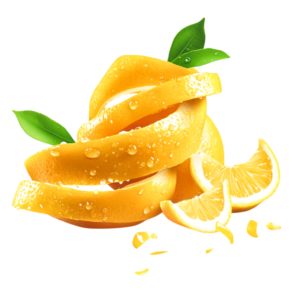 Fresh Yellow Lemon Slices and Zest with Green Leaves and Water Drops png