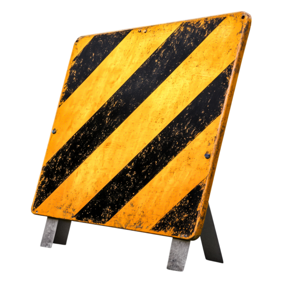 Weathered Caution Sign with Bold Yellow and Black Stripes Displayed png