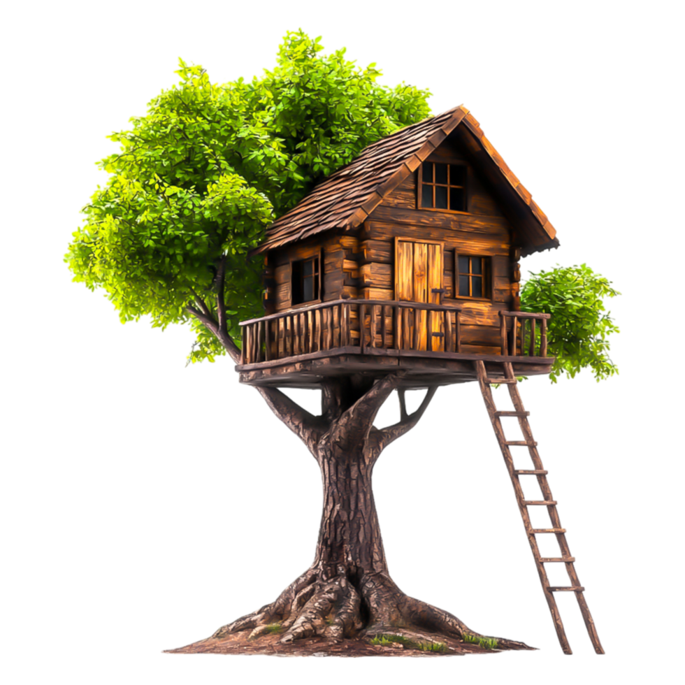 Cozy wooden treehouse nestled in vibrant green tree foliage png