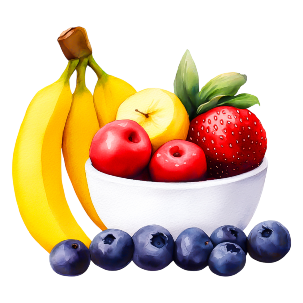 Fresh Colorful Fruit Arrangement in a Bowl with Blueberries and Bananas png
