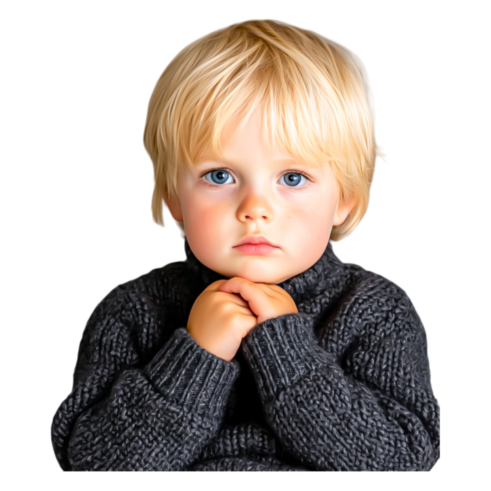 Thoughtful Child with Blonde Hair Wearing Cozy Sweater Pose png