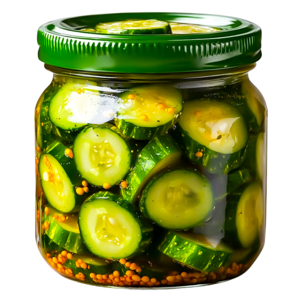 Freshly Pickled Cucumbers in Jar with Bright Green Lid and Spices png