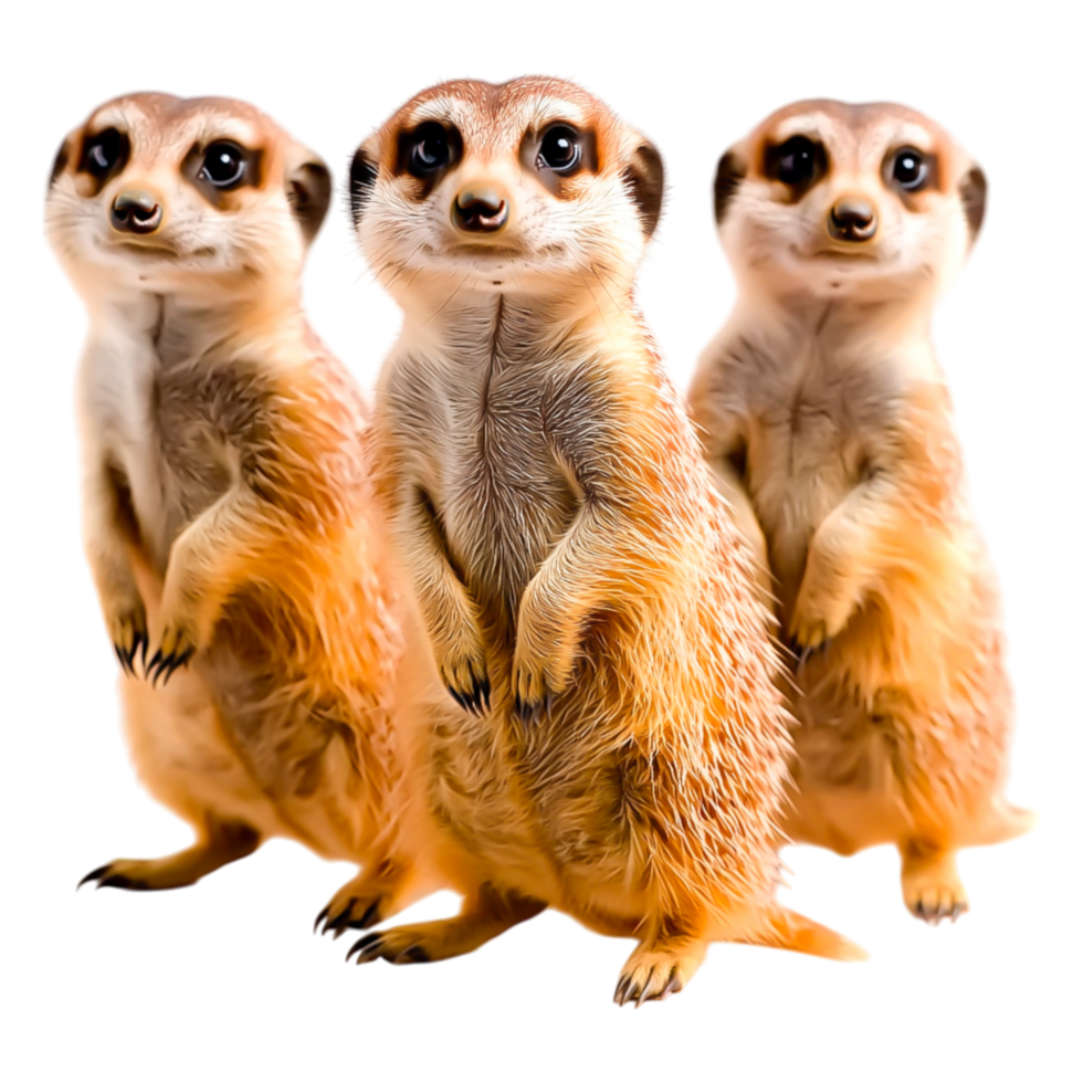 Three Playful Meerkats Standing Together in a Group Portrait png