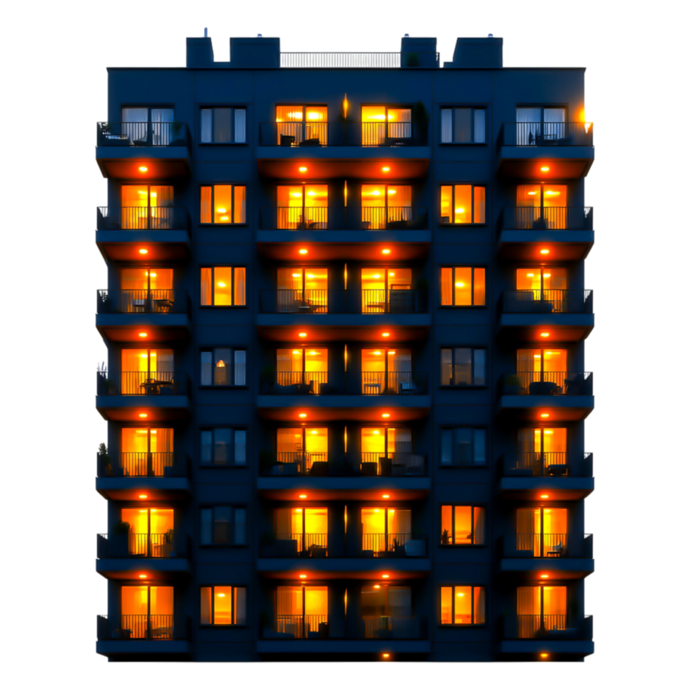 Modern Apartment Building with Illuminated Windows at Night png