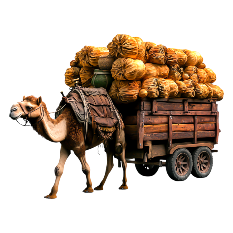 Camel with Heavy Load of Bales Transporting Goods in Desert Environment png