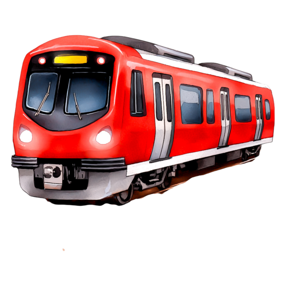 Bright Red Train in Motion on Urban Track in a Vibrant Cityscape png