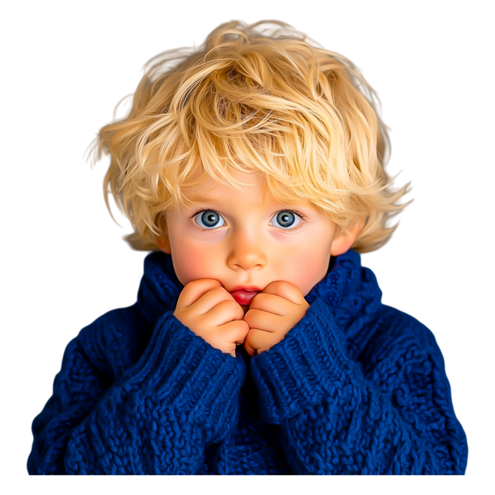 Young Child in Cozy Sweater with Playful Expression and Blue Eyes png