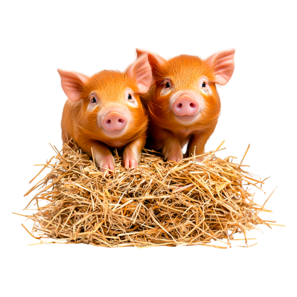 Cute Piglets Sitting Together on Straw in Farmyard Setting png