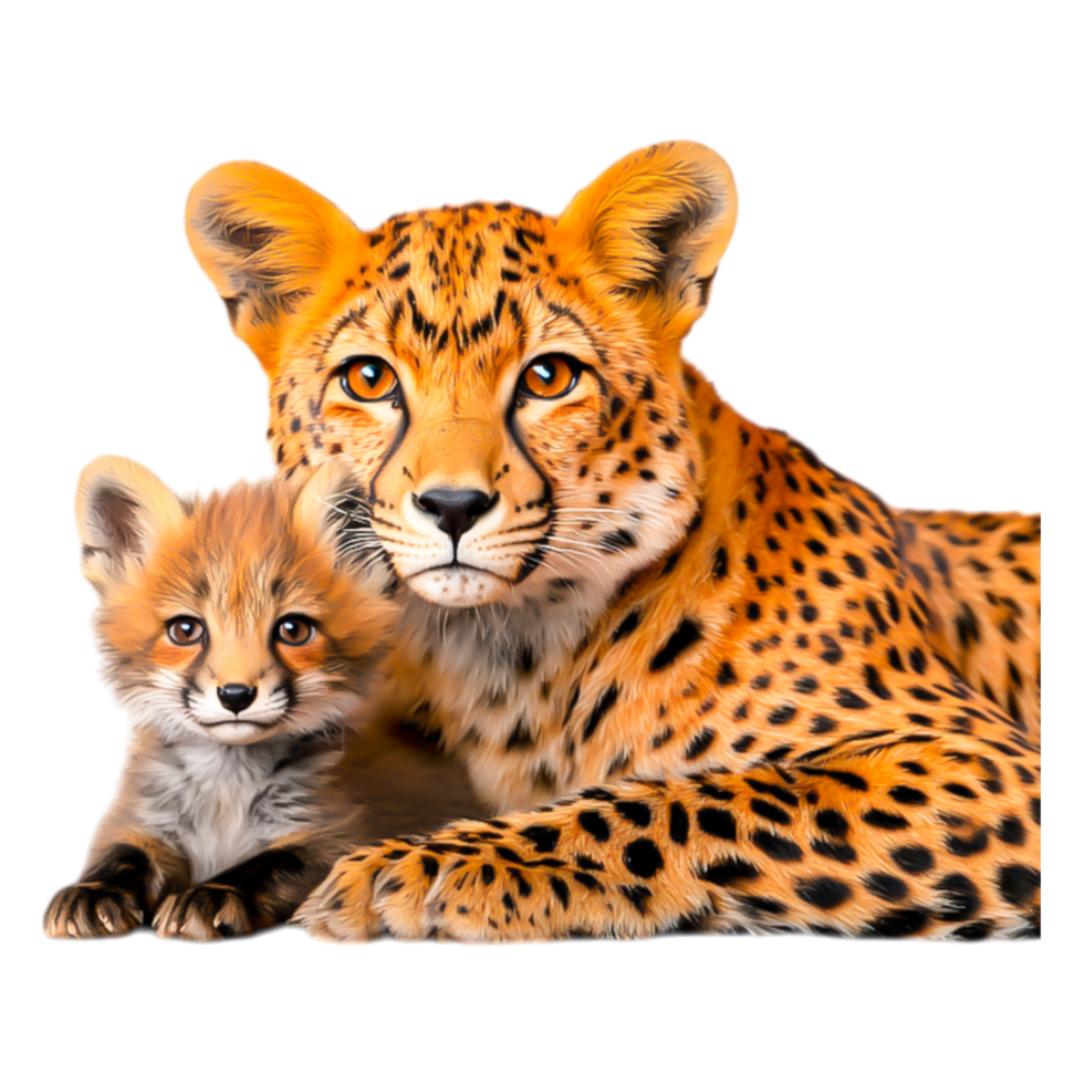 Majestic Leopard and Adorable Cub Resting Together on Green Grass png