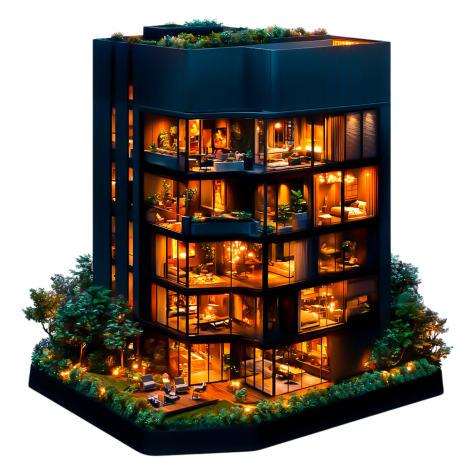 Modern Architectural Design of Elegant Multi-Level Building at Night png