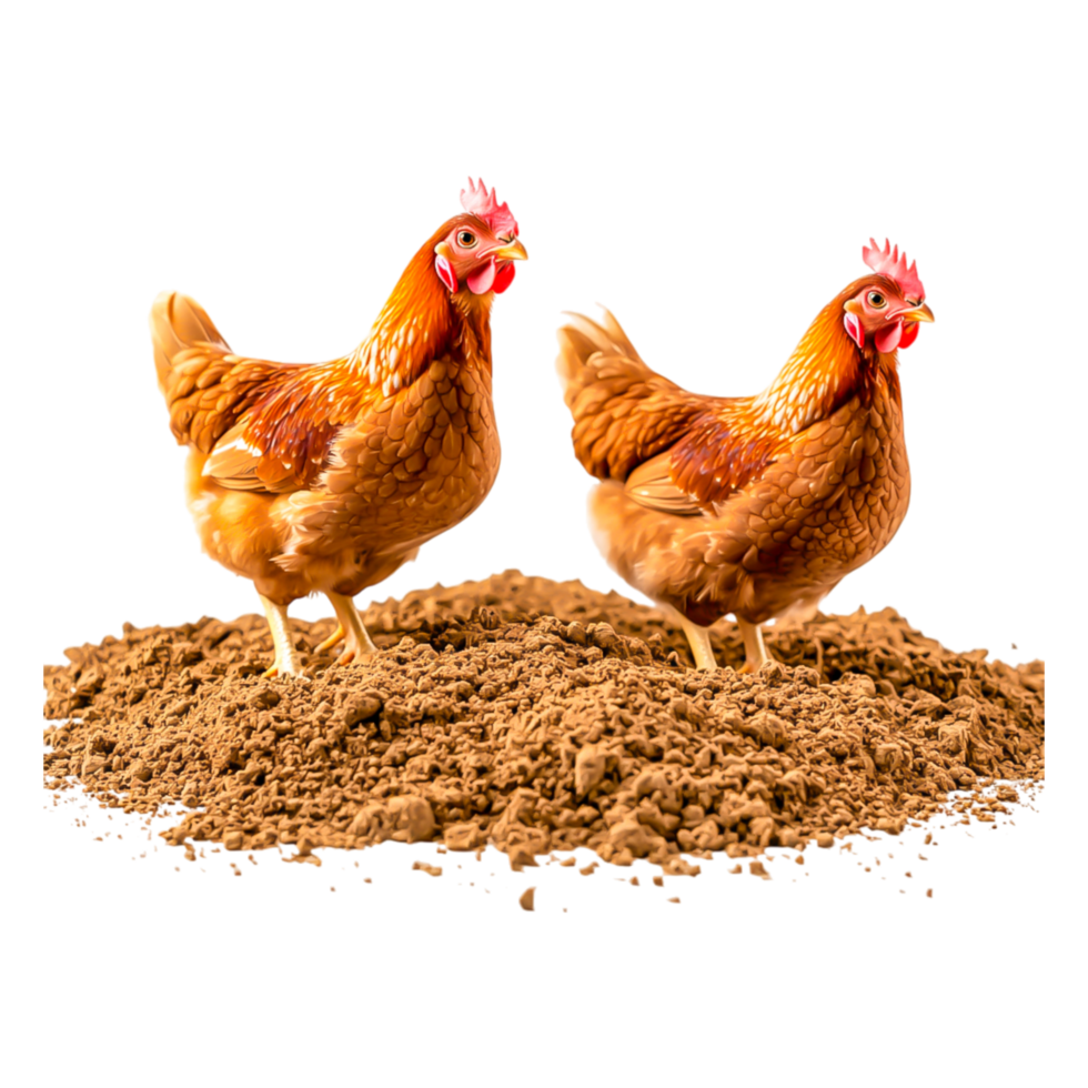 Two Colorful Chickens Standing on Brown Dirt Background png